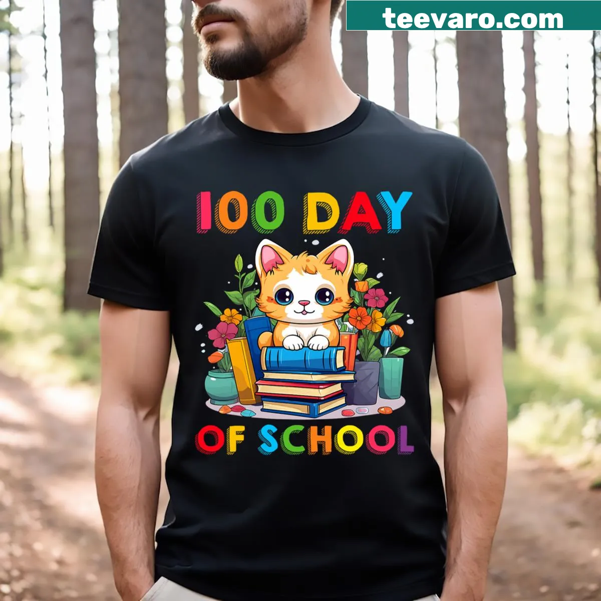 Funny cat t-shirt for kids celebrating 100 days of school — on a men's t-shirt
