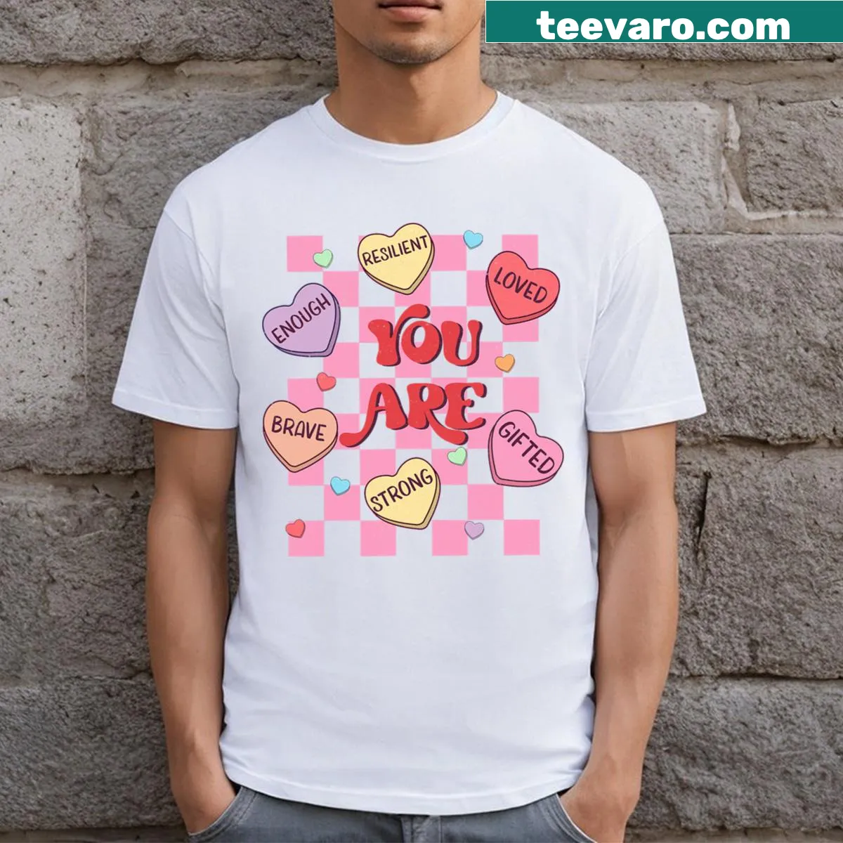 Cute kids t-shirt with candy heart affirmations for Valentine's Day — on a men's t-shirt