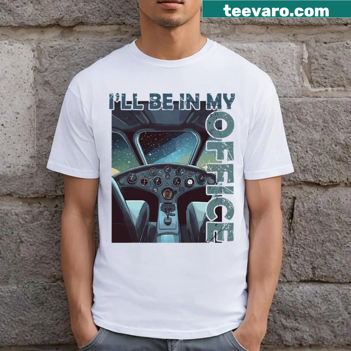Funny aviation t-shirt with cockpit graphic and humorous text — on a men's t-shirt