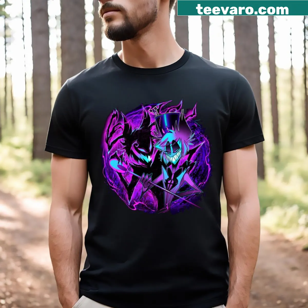 Illustration of Alastor and his shadow from Hazbin Hotel — on a men's t-shirt