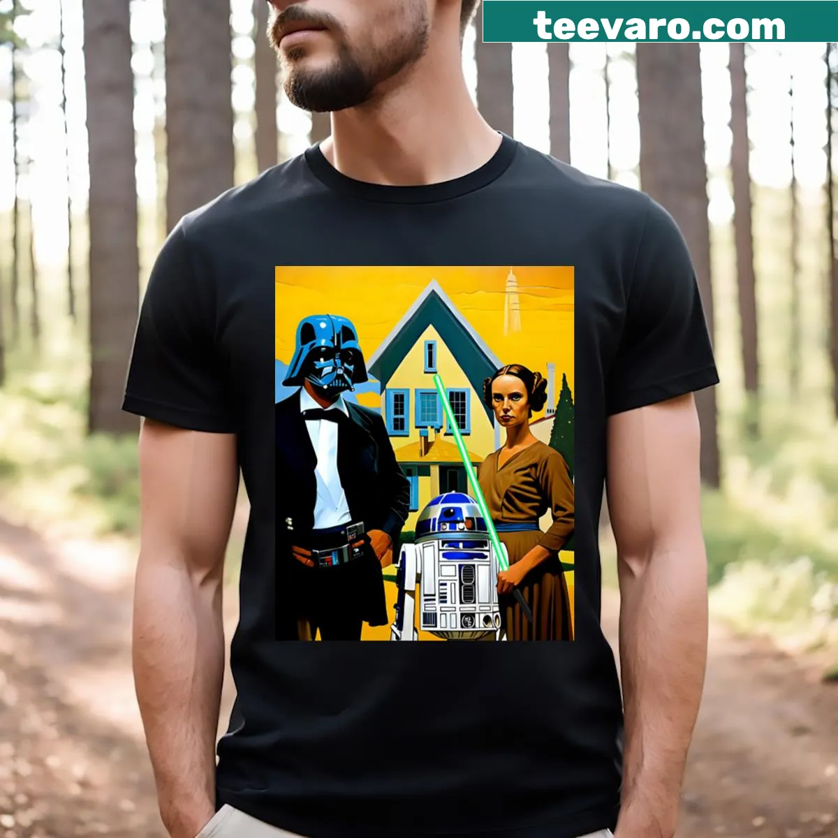 Minimalist T-shirt featuring American Gothic design — on a men's t-shirt