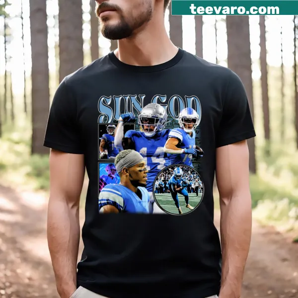 Vintage T-shirt featuring Amon Ra St Brown as a sun god