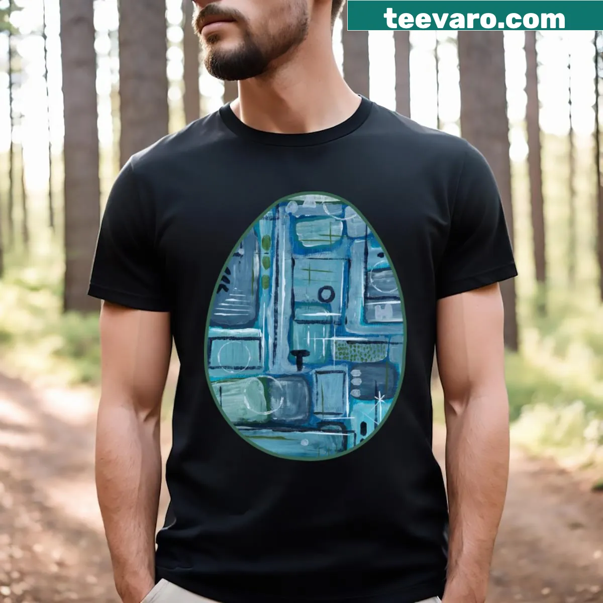 Abstract acrylic artwork of Easter eggs on a T-shirt — on a men's t-shirt