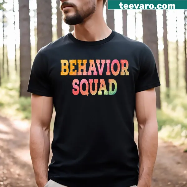 Vintage gradient design T-shirt with 'Behavior Squad' typography.