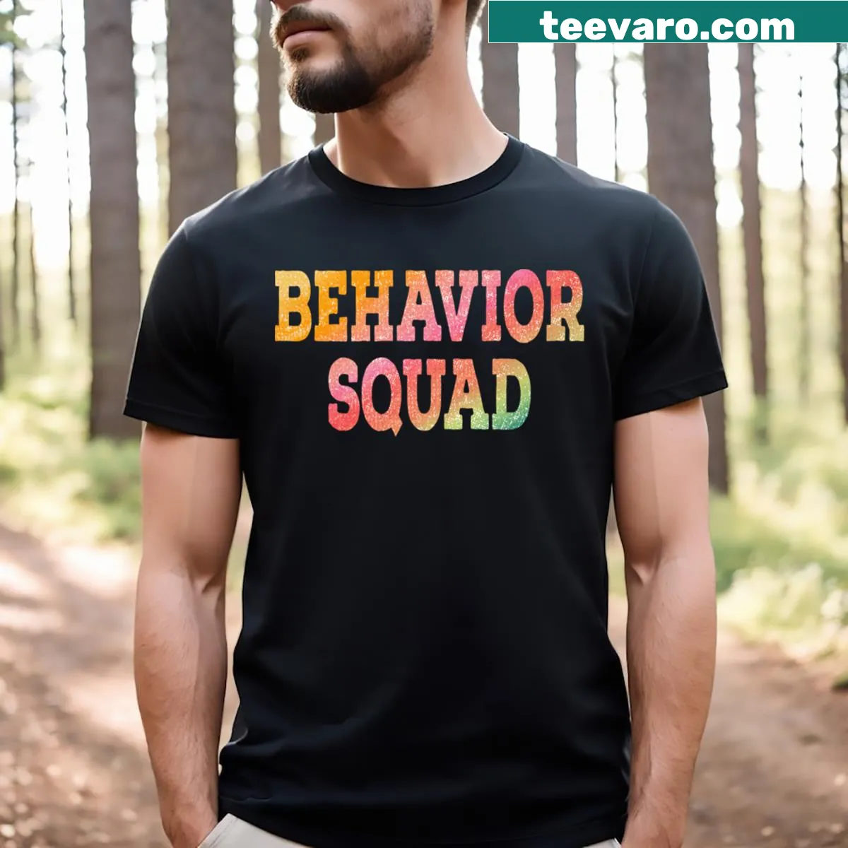 Vintage gradient design T-shirt with 'Behavior Squad' typography. — on a men's t-shirt