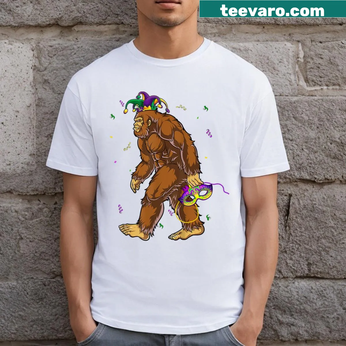 Funny Mardi Gras Sasquatch cartoon design on T-shirt — on a men's t-shirt