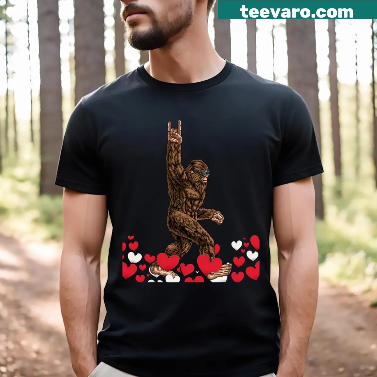 Funny Bigfoot with hearts graphic T-shirt — on a men's t-shirt
