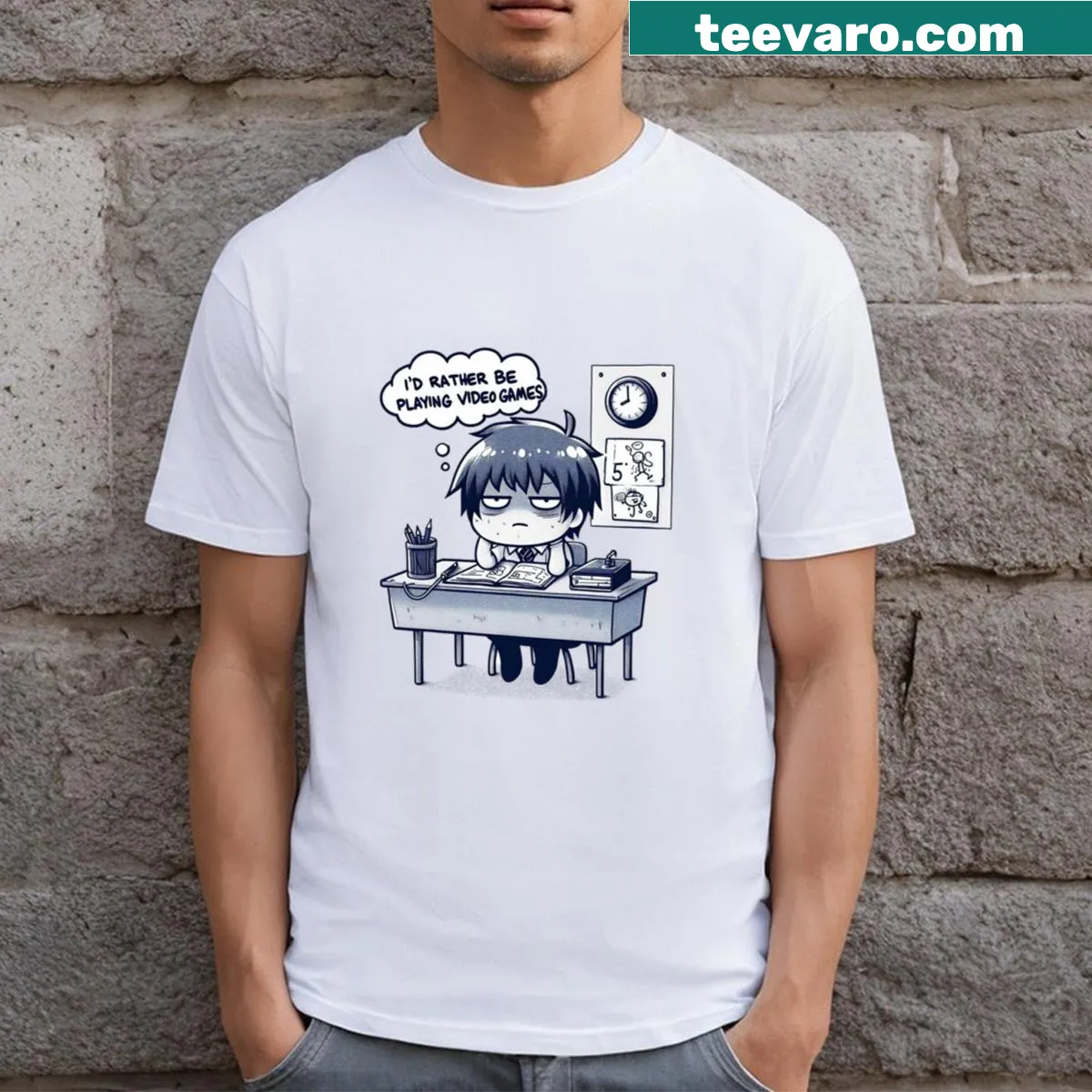 Cartoon design of a bored anime student on T-shirt — on a men's t-shirt