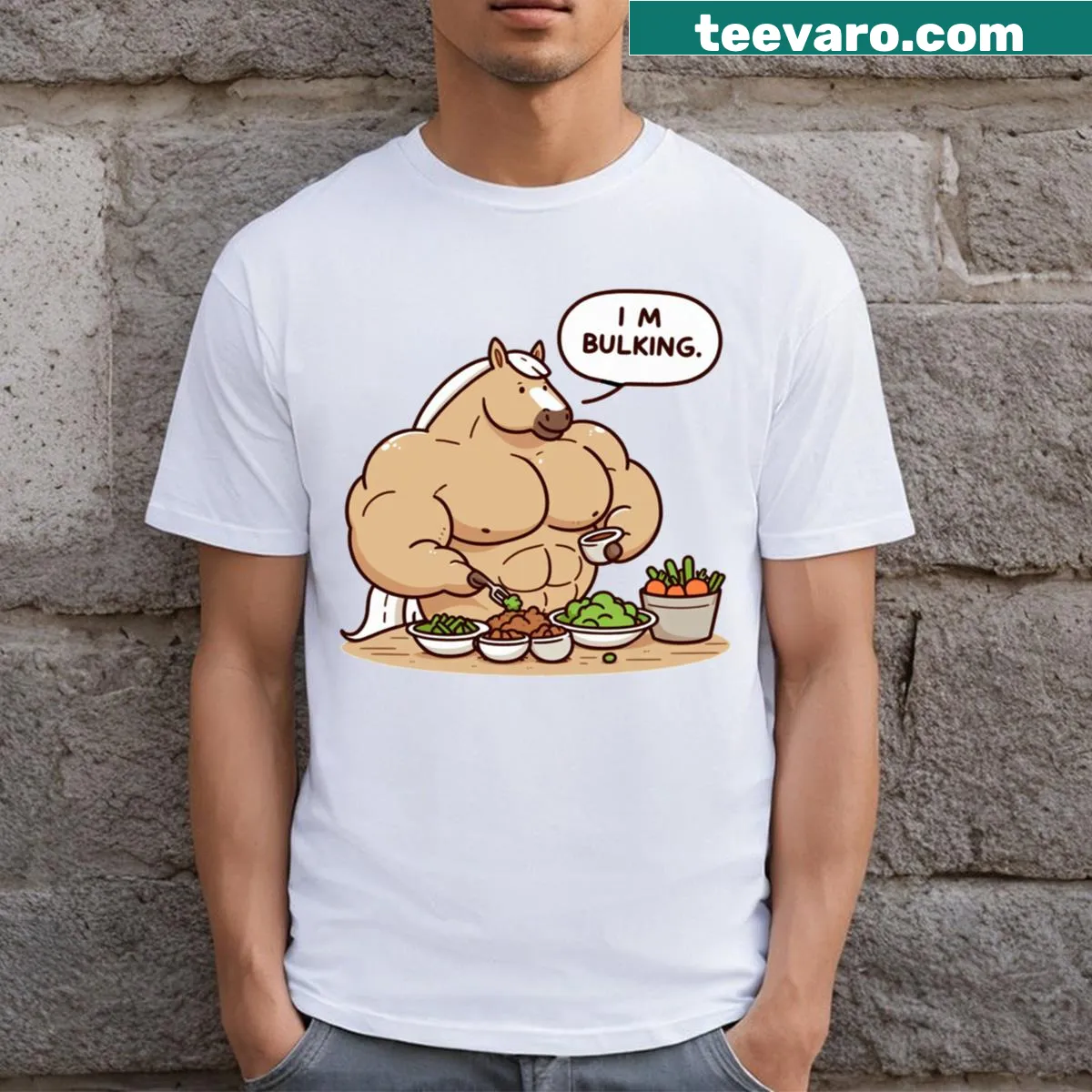 Playful fitness T-shirt with a horse illustration — on a men's t-shirt