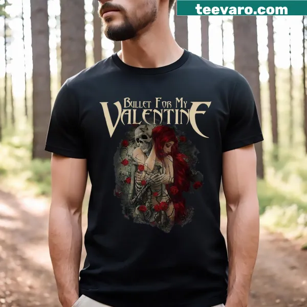 Edgy T-shirt featuring a skull with red eyes and band logo