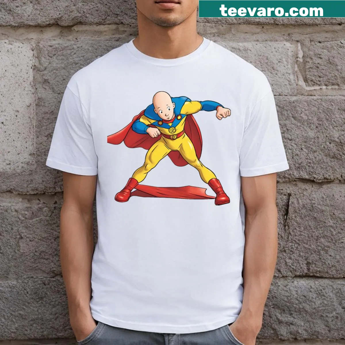 Caillou superhero graphic T-shirt for kids — on a men's t-shirt