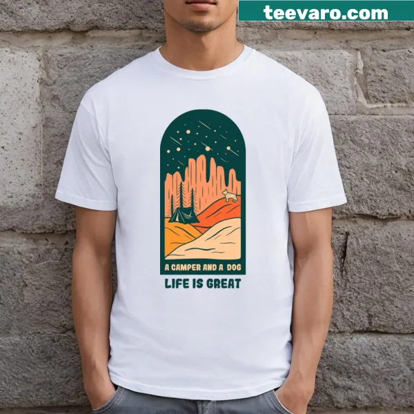 T-shirt with camping scene and dog graphic for outdoor lovers