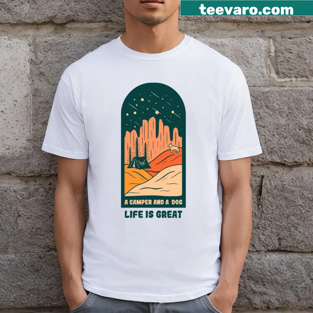 T-shirt with camping scene and dog graphic for outdoor lovers — on a men's t-shirt