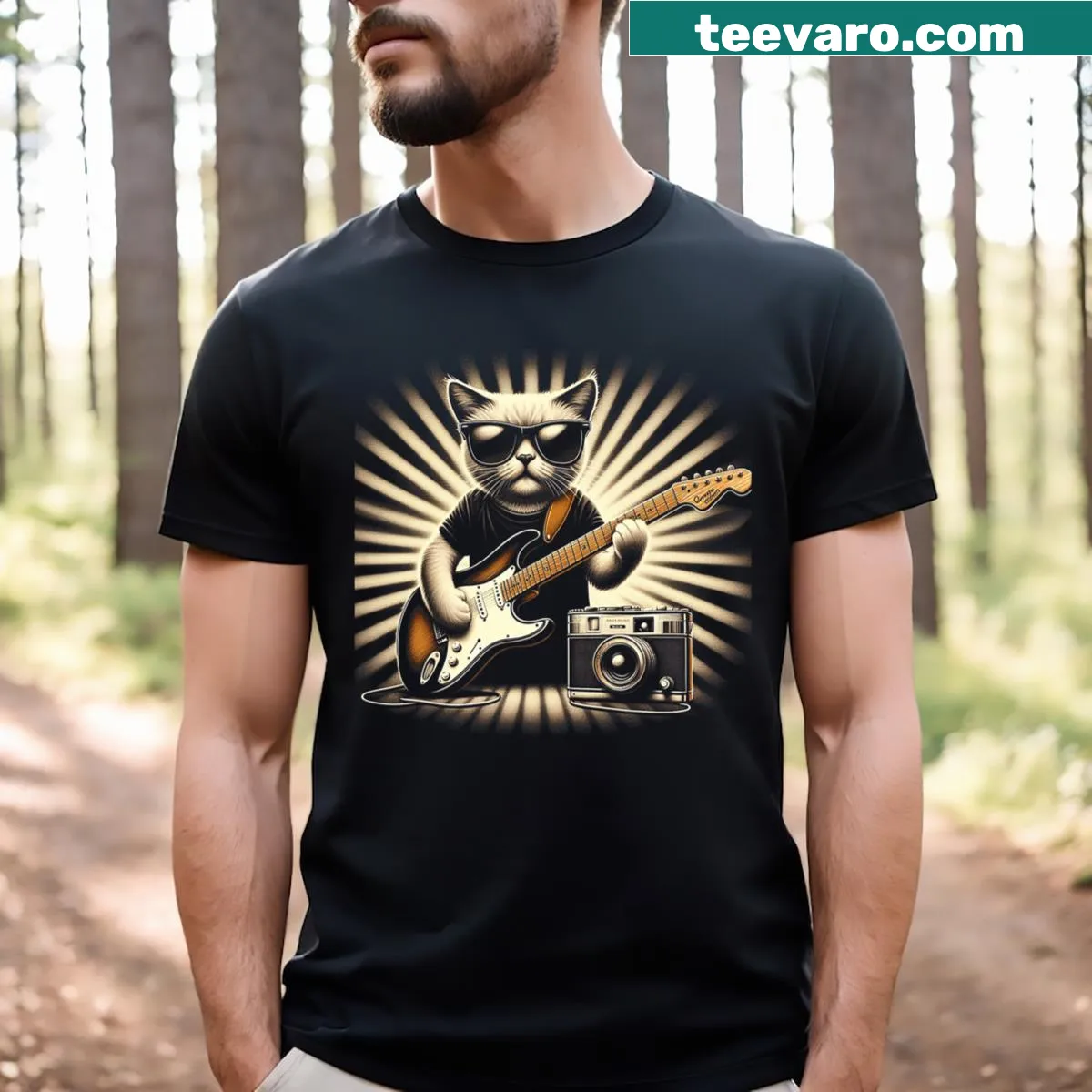 Cartoon cat in sunglasses playing guitar on a t-shirt — on a men's t-shirt