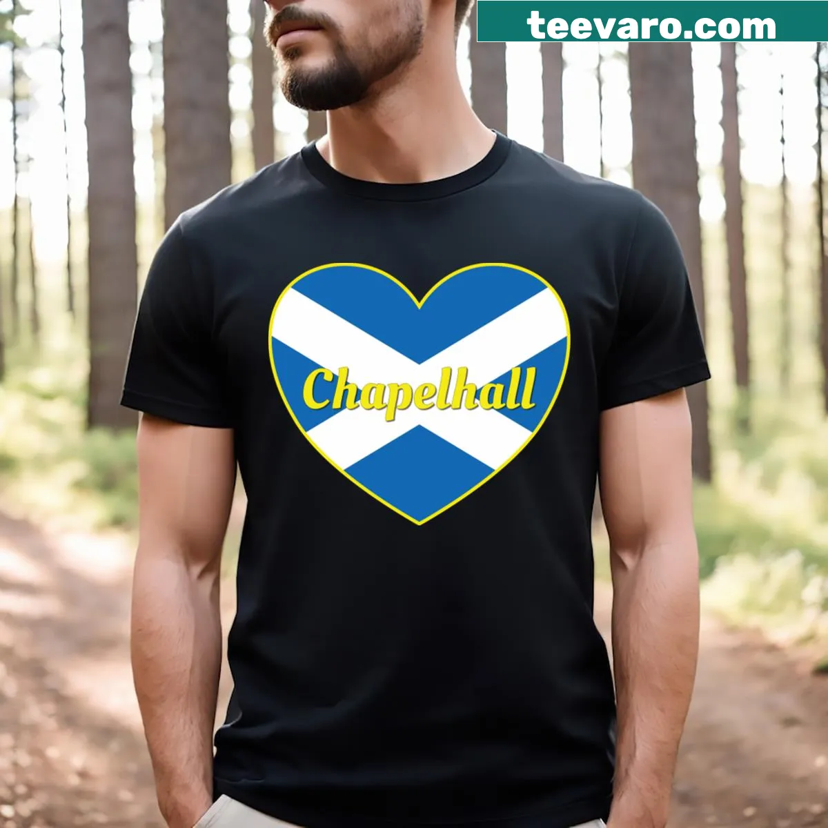 Scotland flag heart graphic T-shirt celebrating Scottish pride — on a men's t-shirt