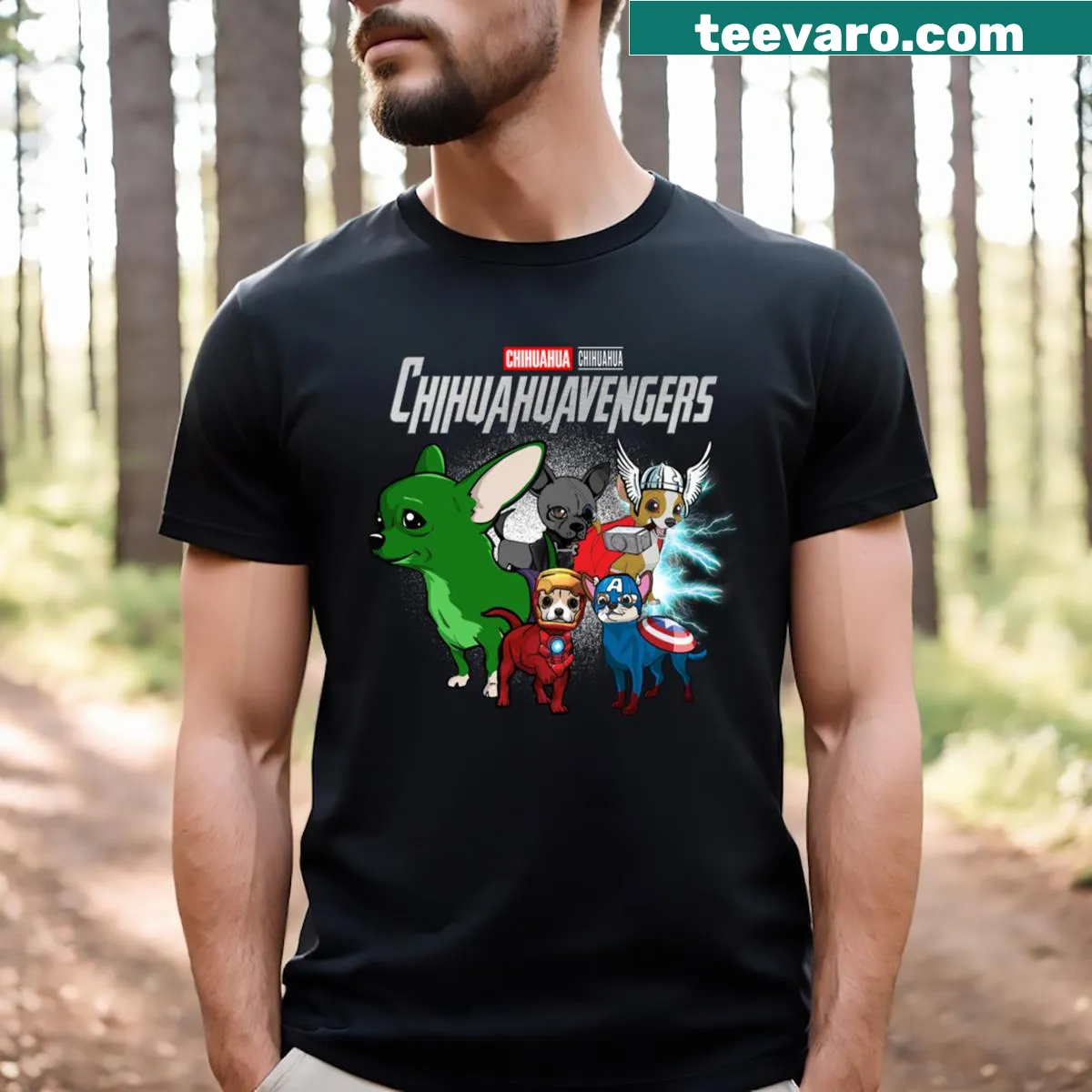 Chihuahua Avengers t-shirt with superhero graphic — on a men's t-shirt