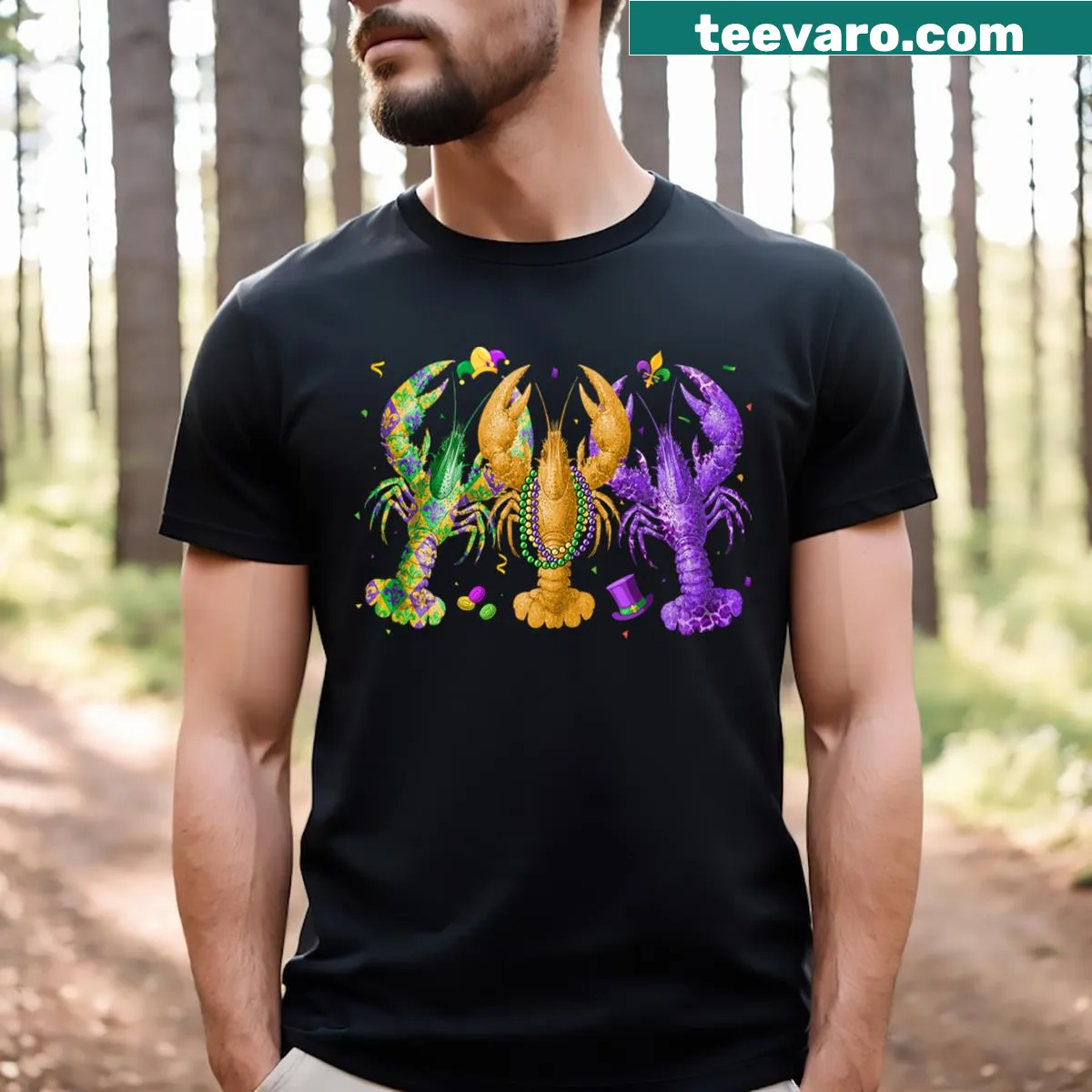 Funny crawfish graphic for Mardi Gras T-shirt — on a men's t-shirt