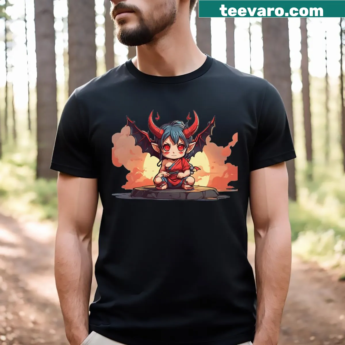 Adorable anime-themed t-shirt with a cute little demon character — on a men's t-shirt