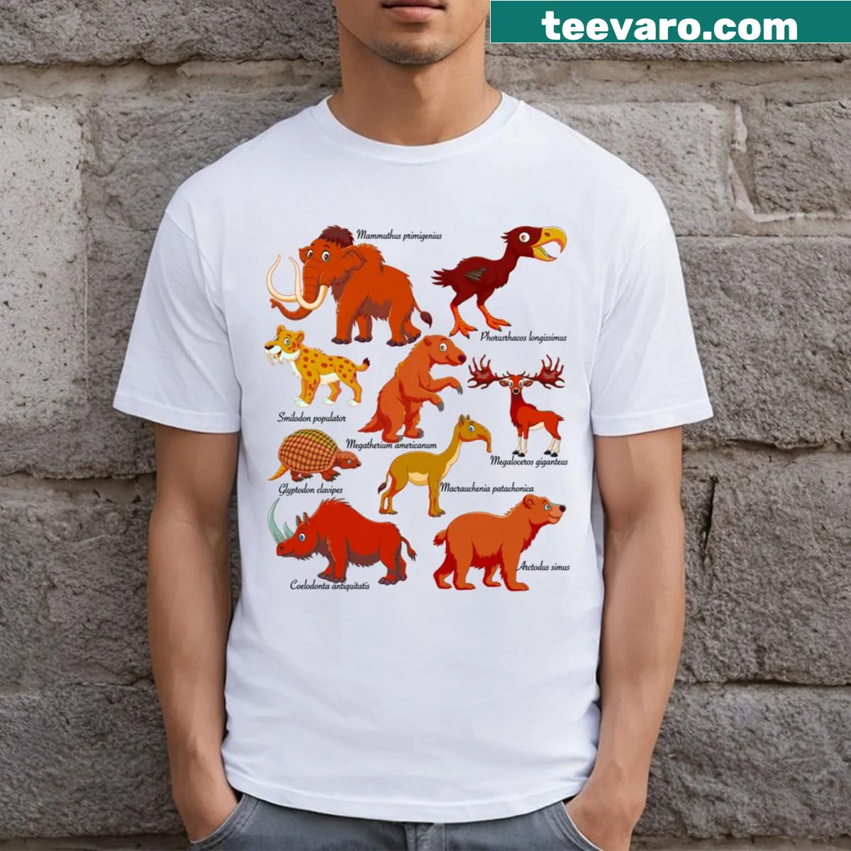 Educational t-shirt featuring cute prehistoric animal cartoons — on a men's t-shirt