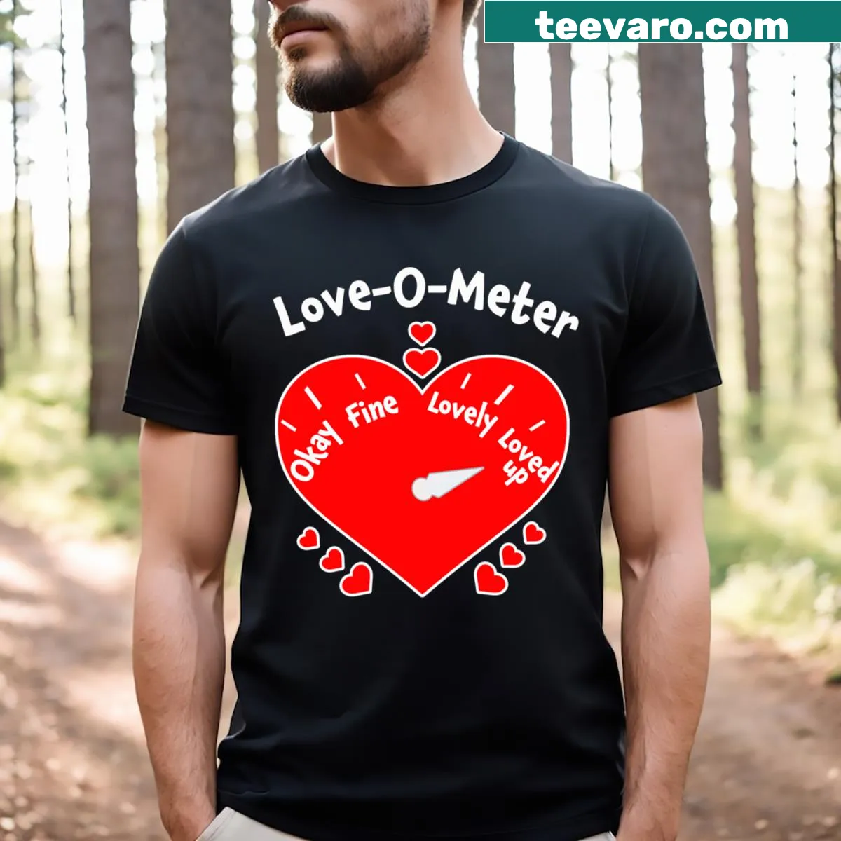 Cute 'Love O Meter' graphic t-shirt for Valentine's Day — on a men's t-shirt