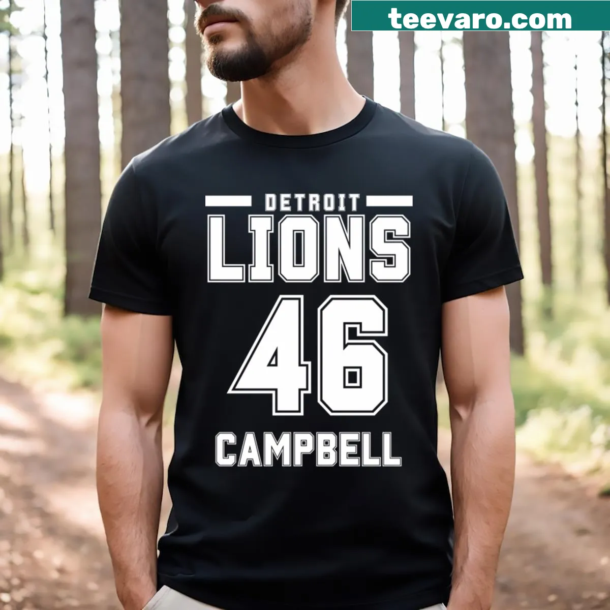 Badge-style T-shirt featuring Barry Sanders and number 46 — on a men's t-shirt