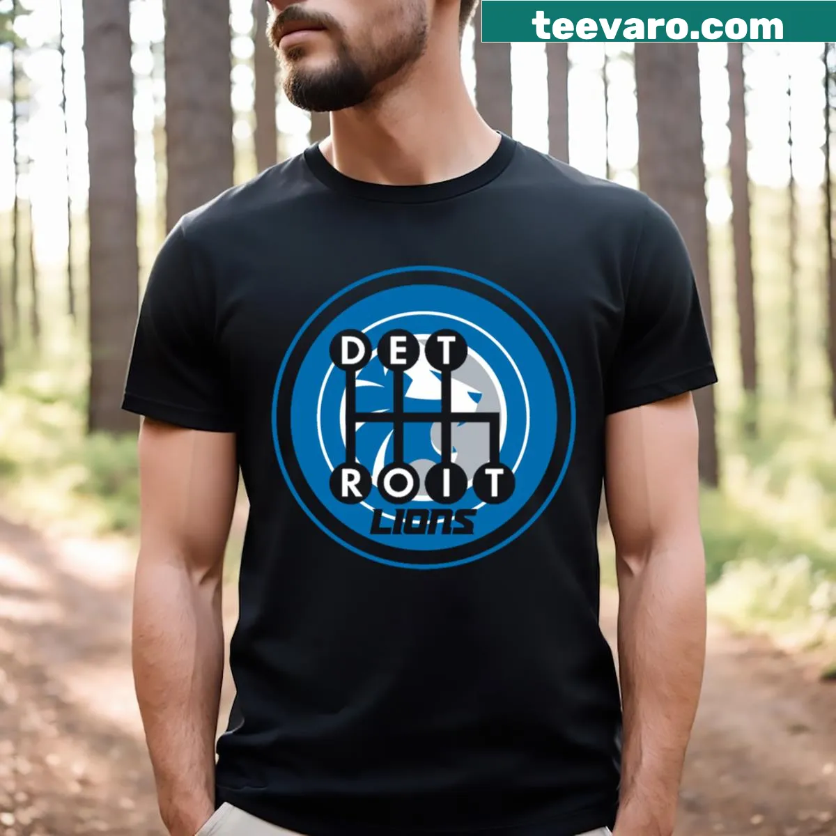 Car gear shift knob illustration with Detroit Lions logo on T-shirt — on a men's t-shirt