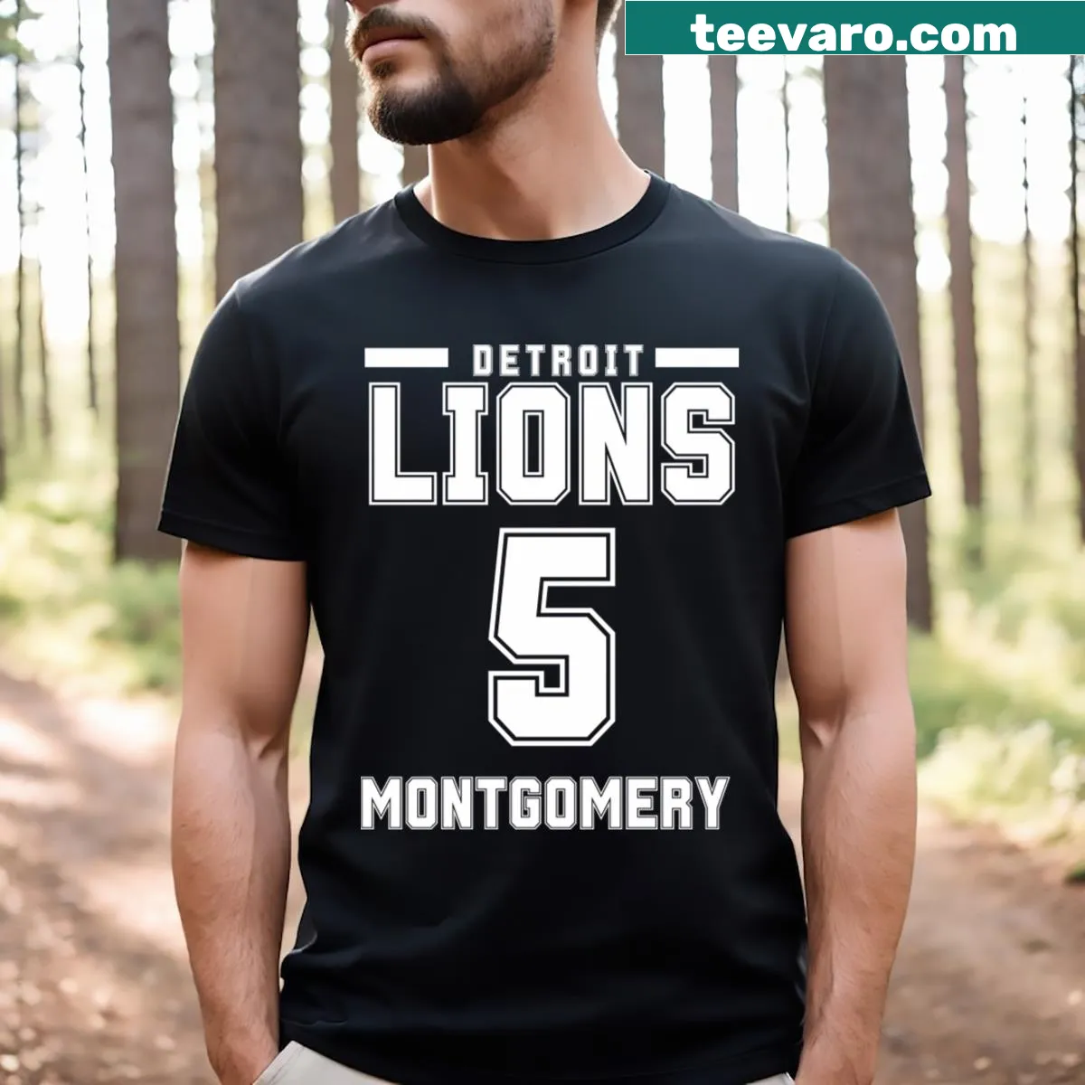 Badge-style T-shirt featuring number 5 for Barry Sanders — on a men's t-shirt
