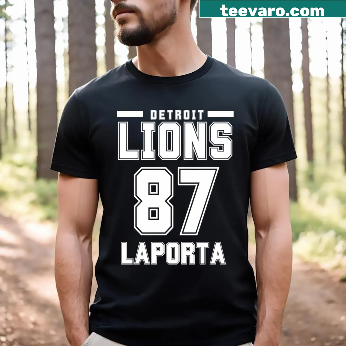 Detroit Lions T-shirt featuring Sam Laporta's number 87 illustration — on a men's t-shirt