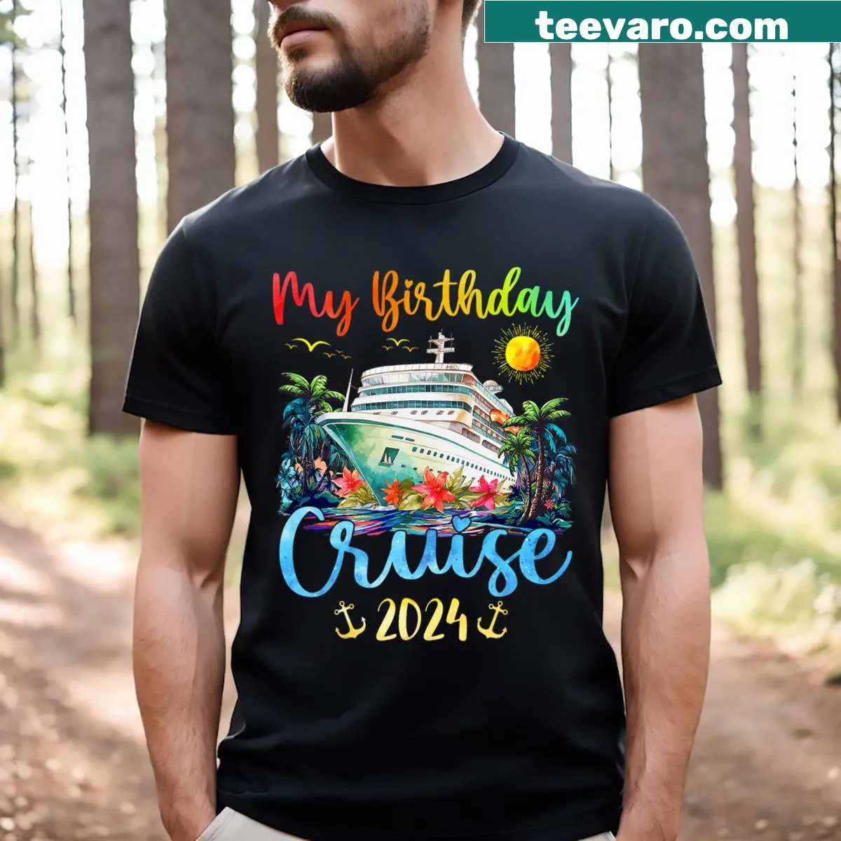 Cruise ship graphic T-shirt for birthday parties featuring festive design — on a men's t-shirt