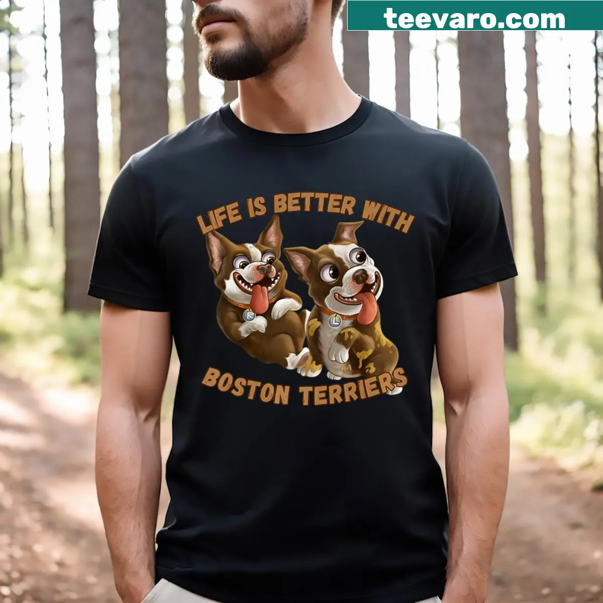 Humorous graphic t-shirt highlighting a Boston Terrier with playful text — on a men's t-shirt