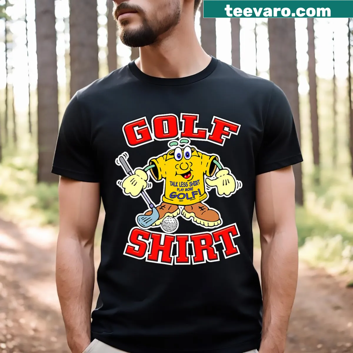 Retro-styled t-shirt featuring a cartoon golfer in a humorous pose — on a men's t-shirt