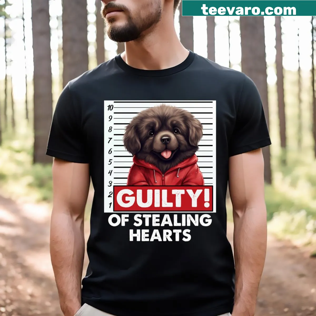 Cartoon Newfoundland dog graphic t-shirt for Valentine's Day — on a men's t-shirt