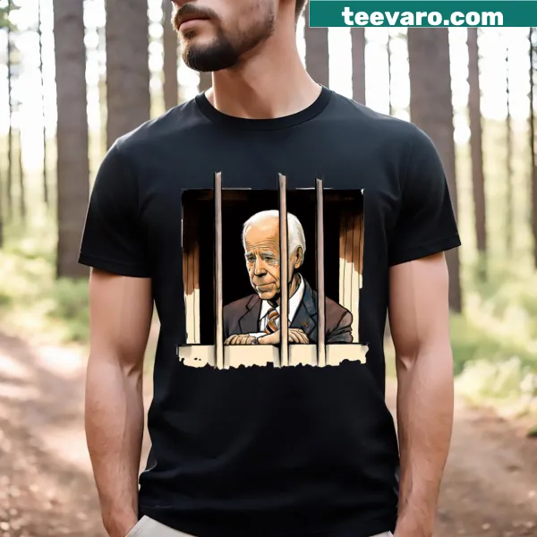 Cartoon graphic of Joe Biden in jail on a humorous T-shirt