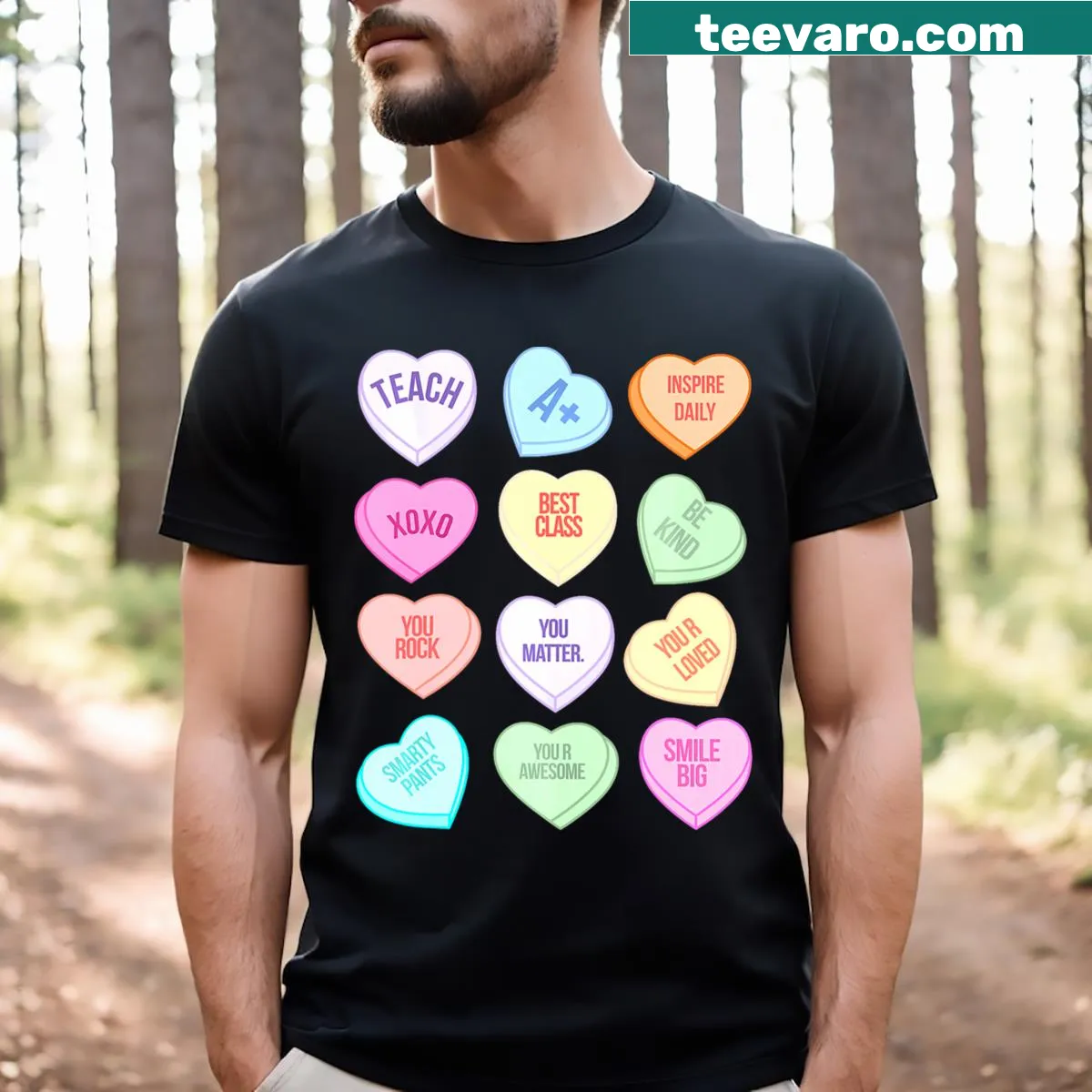 Playful teacher-themed Valentines T-shirt with heart and candy graphics — on a men's t-shirt