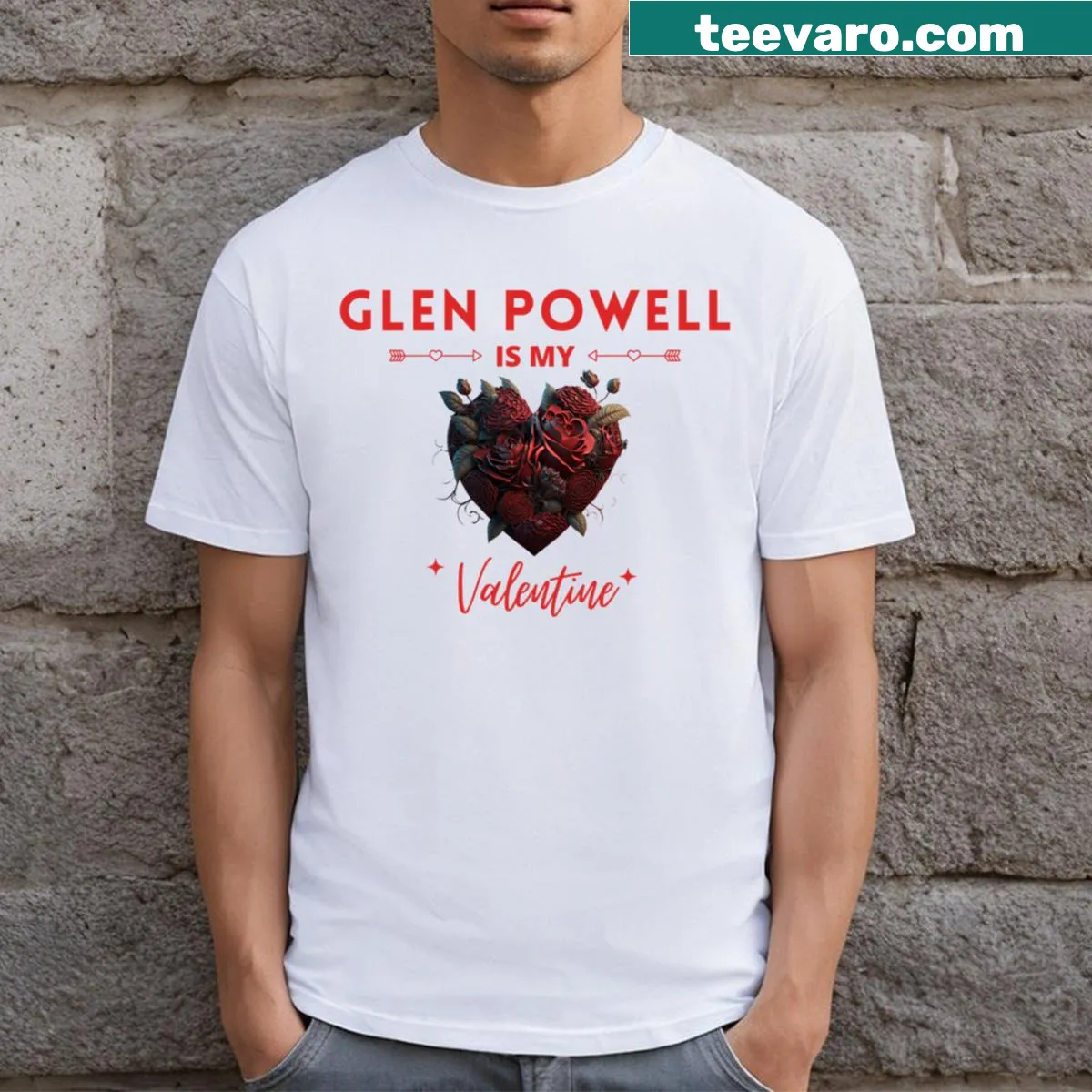 Cute t-shirt with Glen Powell Is My Valentine text — on a men's t-shirt