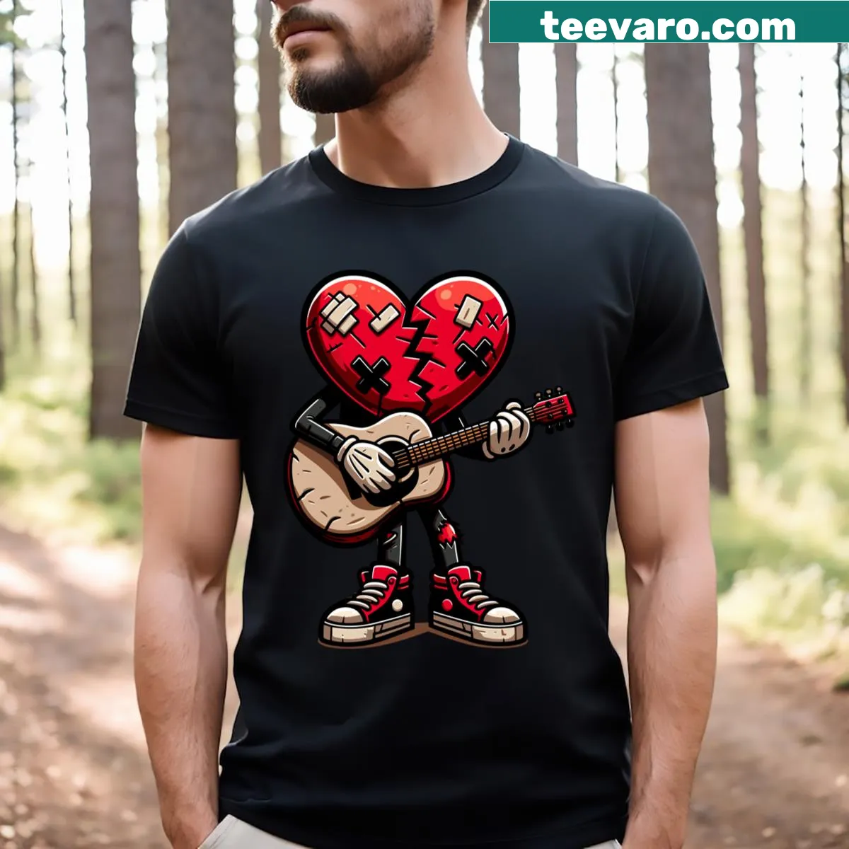 Illustration of heart and guitar on emo-themed T-shirt — on a men's t-shirt
