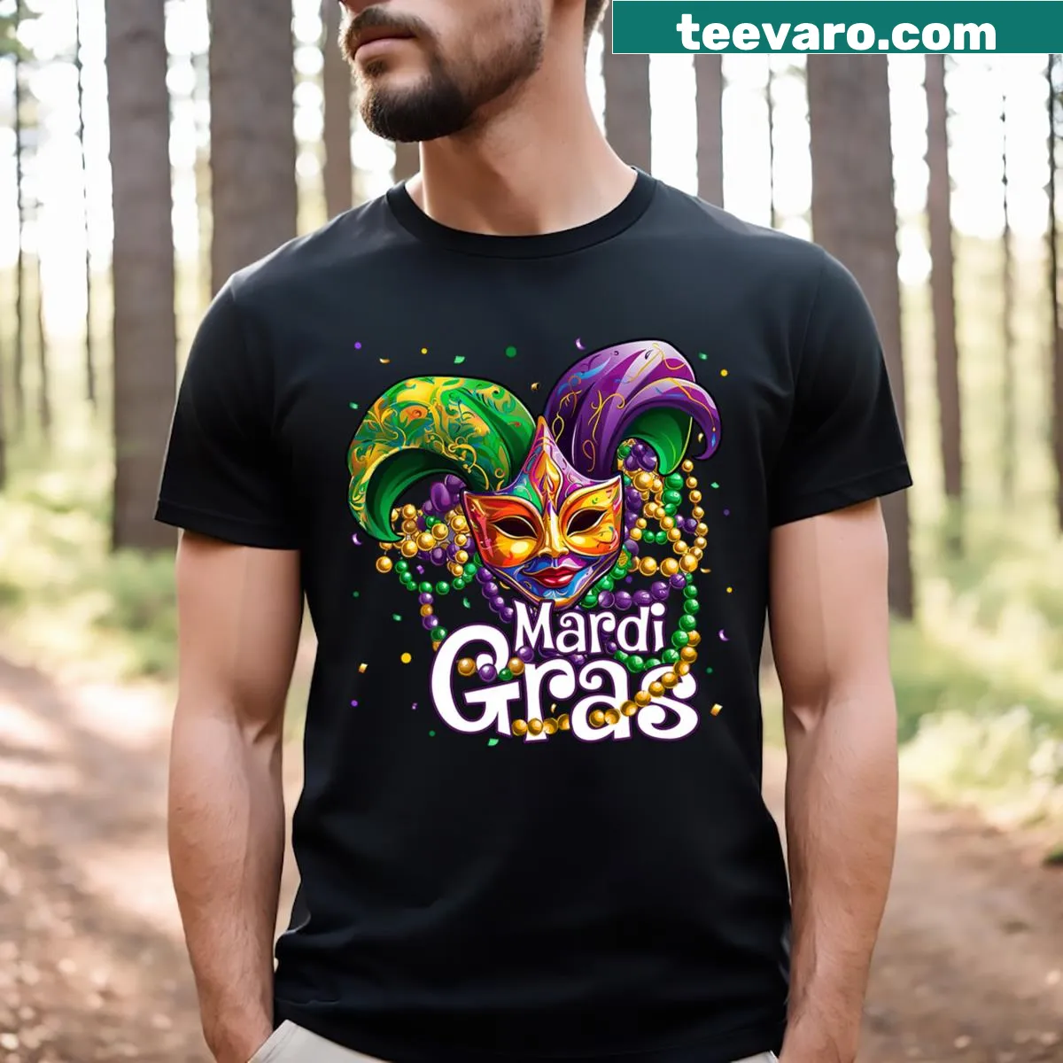 Mardi Gras masks and beads design on a T-shirt — on a men's t-shirt
