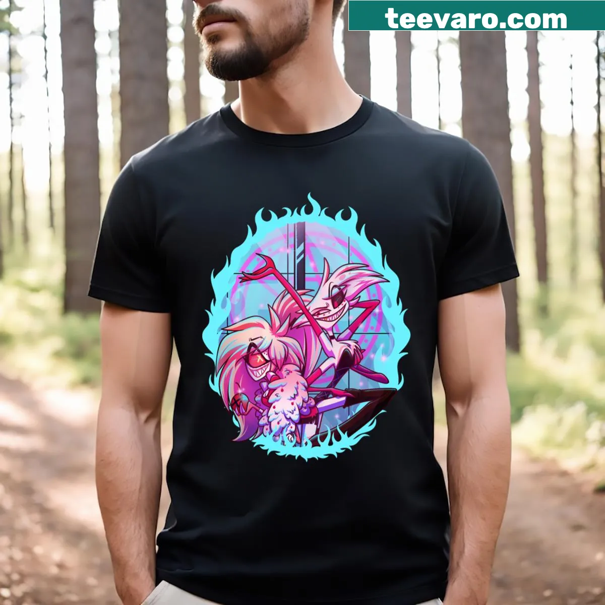 Edgy graphic Hazbin Hotel Addict shirt — on a men's t-shirt