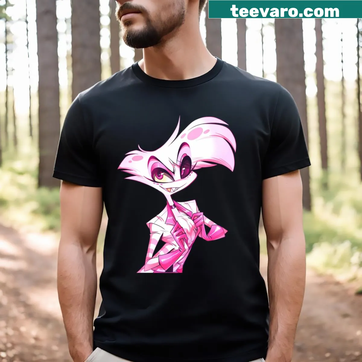 Angel Dust from Hazbin Hotel illustrated on a T-shirt — on a men's t-shirt