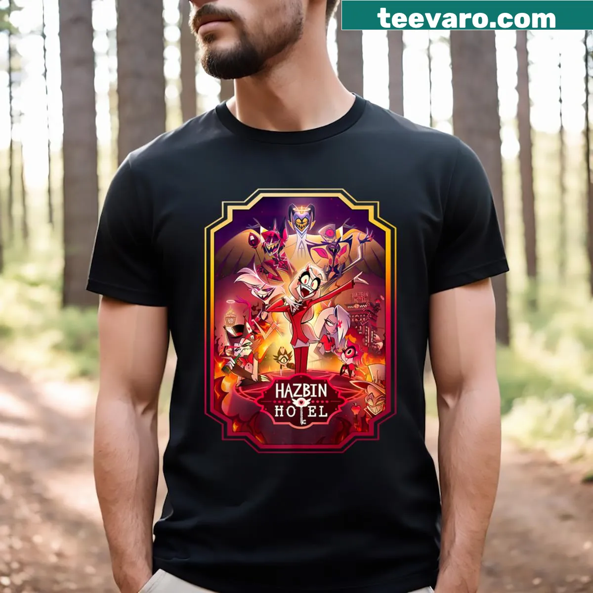 Hazbin Hotel poster art design on a T-shirt — on a men's t-shirt