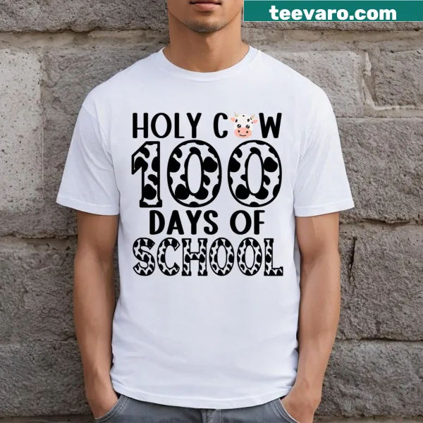 Cheerful 'Holy Cow 100 Days Of School' graphic on a t-shirt
