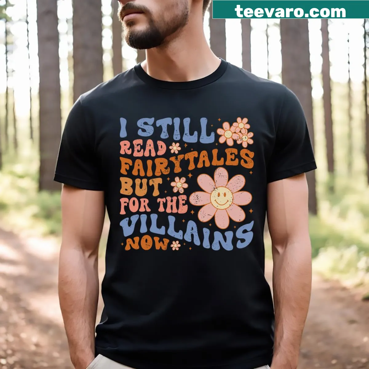 Graphic tee celebrating villains in fairytales with playful typography — on a men's t-shirt
