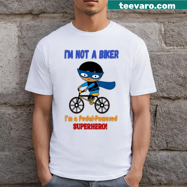 Playful t-shirt for kids featuring 'Pedal Powered Superhero' graphic