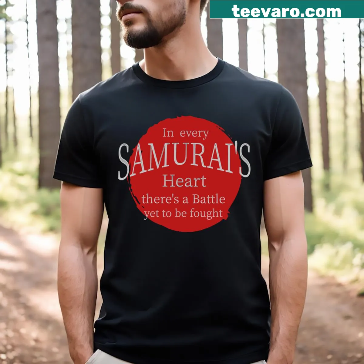 Samurai-inspired T-shirt with quotes about honor and resilience — on a men's t-shirt