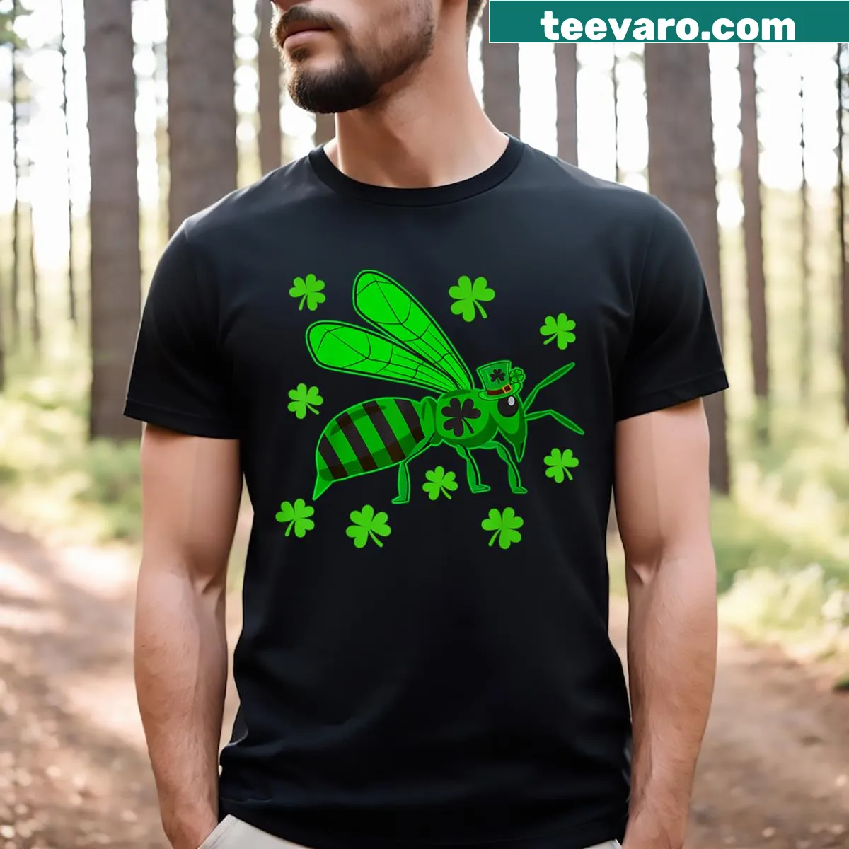 Charming T-shirt with a bumblebee, shamrock, and rainbow design — on a men's t-shirt