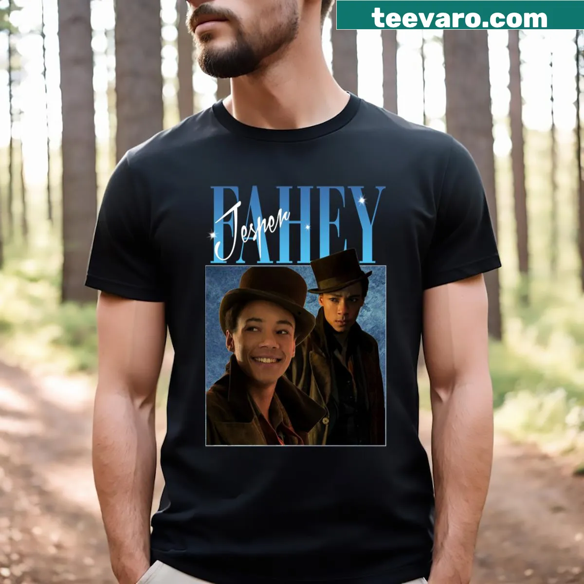 Retro 90's style Jesper Fahey T-shirt from Shadow and Bone — on a men's t-shirt