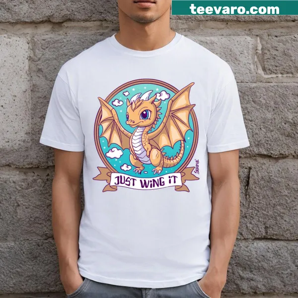 T-shirt with illustration of a dragon in flight and bold text