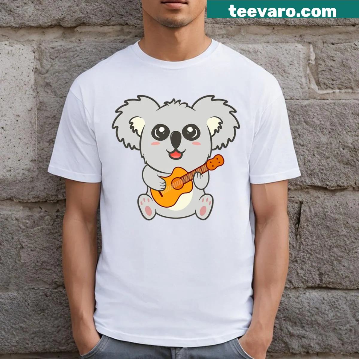 Cute cartoon koala playing acoustic guitar on a T-shirt. — on a men's t-shirt
