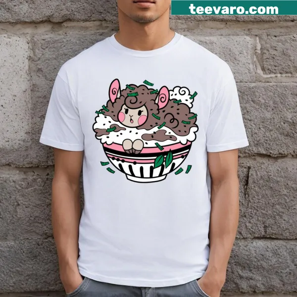 Illustrated lamb rice bowl on a T-shirt.