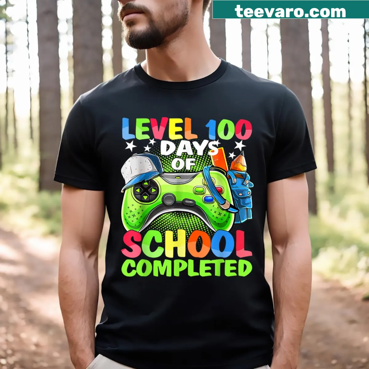 Gaming-themed t-shirt celebrating 100 days of school — on a men's t-shirt